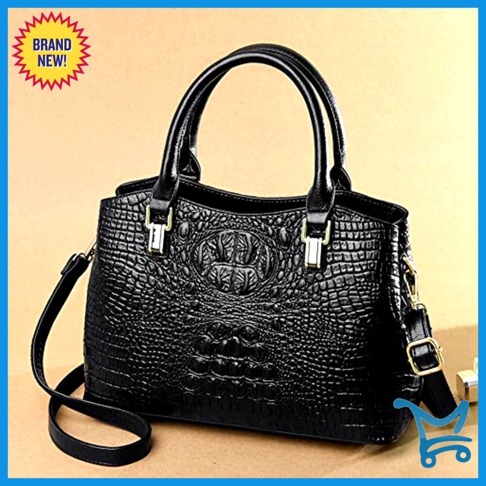 Large Vegan Leather Tote with Shoulder Strap, Crocodile Texture Satchel - Picture 3 of 6